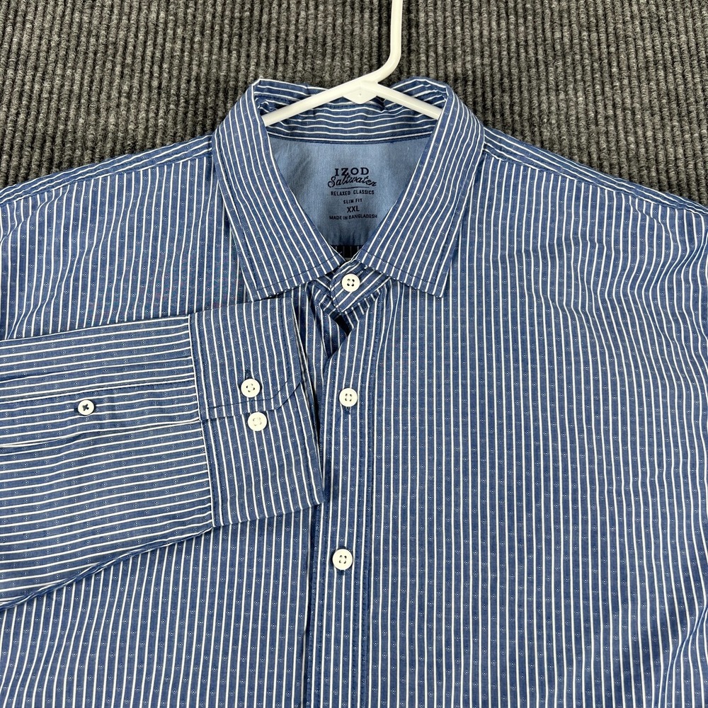IZOD Saltwater Shirt Mens 2XL XXL Blue Striped Long Sleeve Button Up Slim New